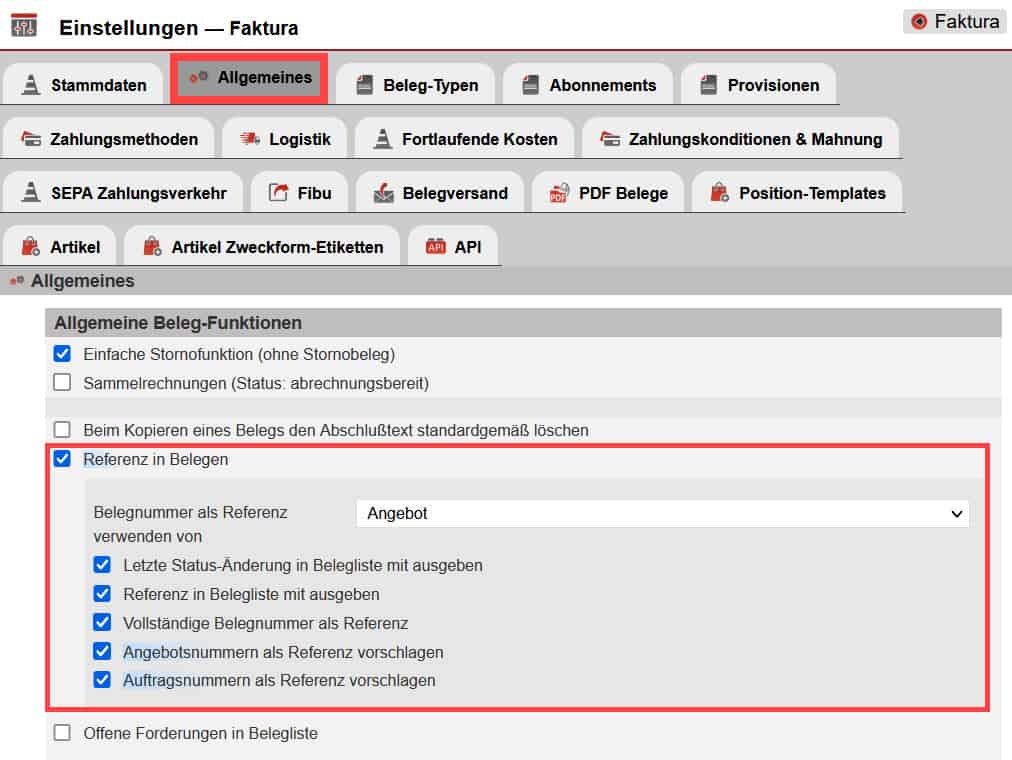 Screenshot geöffneter Reiter „Allgemeines“ im Bereich „Einstellungen“ unter „Faktura“ mit markierter Option „Referenz in Belegen“