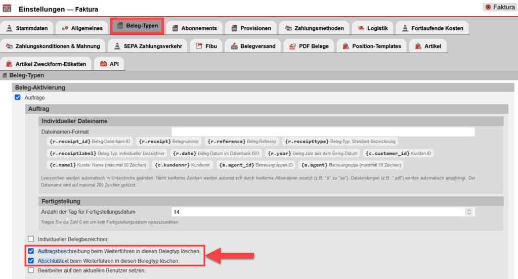 Screenshot geöffneter Einstellungsbereich mit markierten Einstellungsoptionen zum automatischen Löschen der Auftragsbeschreibung und des Abschlusstextes beim Weiterführen des Belegs in einen Auftrag