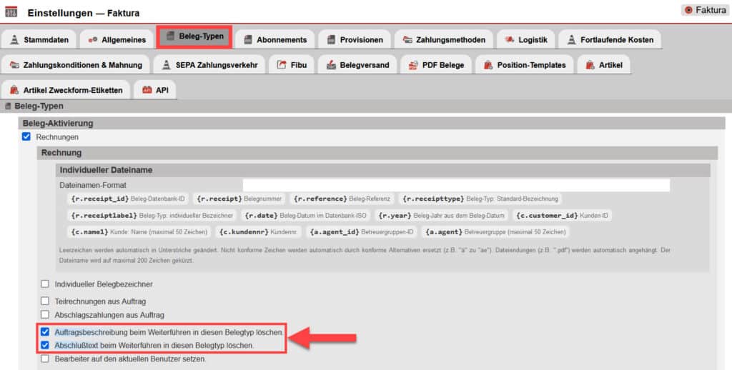 Screenshot geöffneter Einstellungsbereich mit markierten Einstellungsoptionen zum automatischen Löschen der Auftragsbeschreibung und des Abschlusstextes beim Weiterführen des Belegs in eine Rechnung