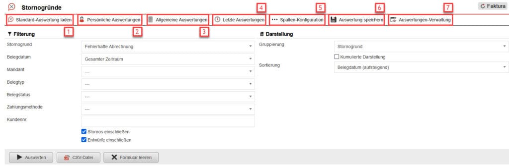 Screenshot mit der Übersicht über die Konfiguration der „Stornogründe-Statistik“