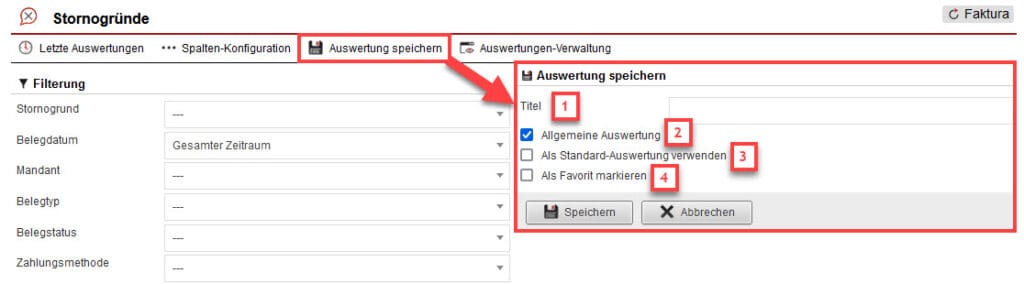 Screenshot geöffnetes Menü zum Speichern der konfigurierten Auswertung