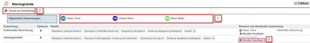 Screenshot über gespeicherte Auswertungen im Statistikbereich „Stornogründe“