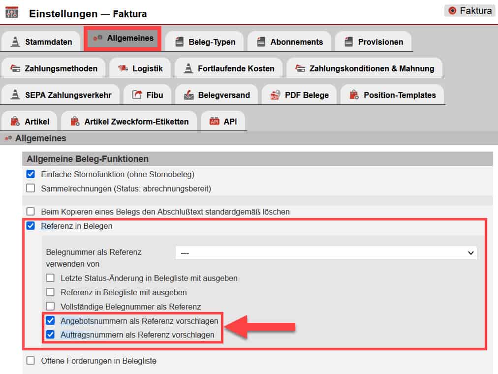 Screenshot geöffneter Reiter „Allgemeines“ im Bereich „Einstellungen“ unter „Faktura“ mit markierten Einstellungsoptionen bzgl. der Vorschlagsfunktion