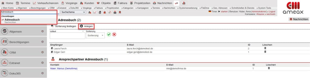 Screenshot geöffnetes Adressbuch mit markiertem Button zur Anlage eines neuen Empfängers