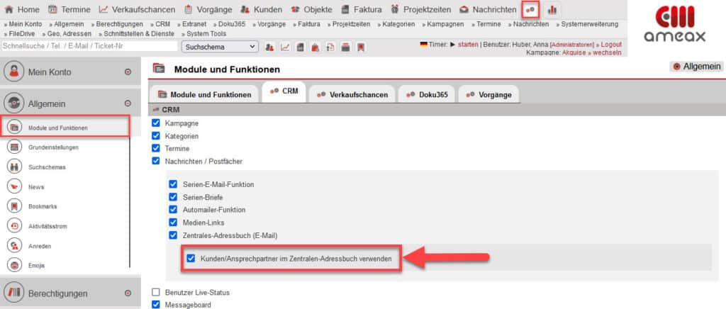 Screenshot geöffneter Einstellungsbereich, in welchem die Funktion zur Integration der Ansprechpartner ins zentrale Adressbuch aktiviert werden kann