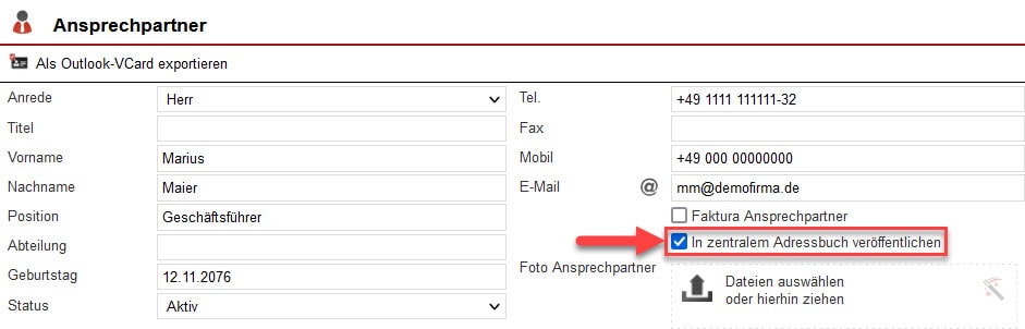 Screenshot geöffneter Bereich zur Bearbeitung eines Ansprechpartnerdatensatzes mit markierter Option zur Veröffentlichung des Ansprechpartners im zentralen Adressbuch