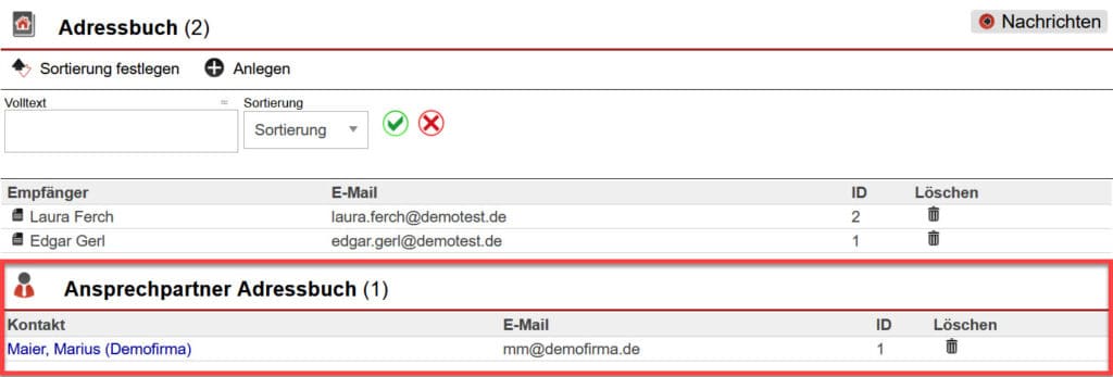 Screenshot geöffnetes Adressbuch mit markiertem Bereich „Ansprechpartner Adressbuch“