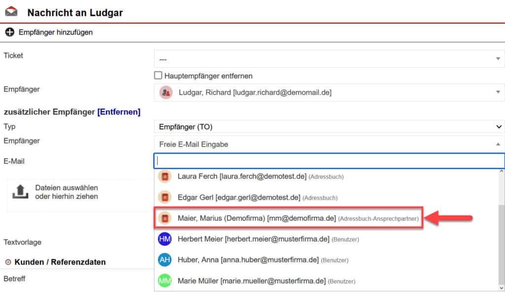 Screenshot geöffnetes Fenster zur Erstellung einer Nachricht mit markiertem Adressbuch-Ansprechpartner