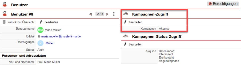 Screenshot geöffneter Benutzerdatensatz mit markiertem Bereich zur Festlegung des Kampagnen-Zugriffs