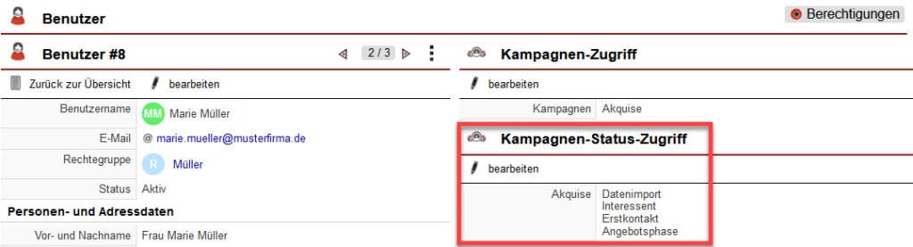 Screenshot geöffneter Benutzerdatensatz mit markiertem Bereich zur Festlegung des Kampagnen-Status-Zugriffs