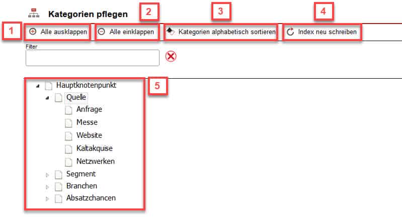 Screenshot geöffneter Einstellungsbereich „Kategorien pflegen“ mit markierten Funktionen