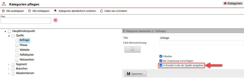 Screenshot geöffneter Einstellungsbereich „Kategorien pflegen“ mit markierter Funktion zur Ausgabe der Kategorie als Spalte in der Kunden-Liste