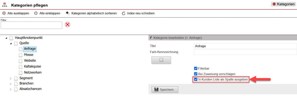 Screenshot geöffneter Einstellungsbereich „Kategorien pflegen“ mit markierter Funktion zur Ausgabe der Kategorie als Spalte in der Kunden-Liste