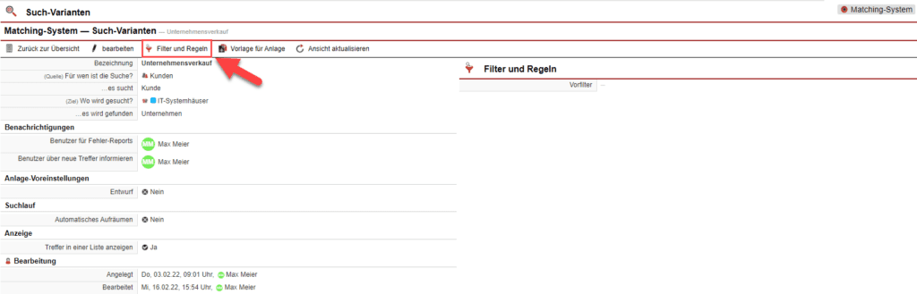 Screenshot der Übersichtsmaske einer „Such-Variante“ mit Markierung der Schaltfläche „Filter und Regeln“