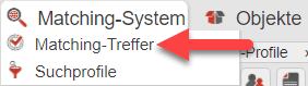 Screenshot Hauptmenüpunkt „Matching-System“ mit markiertem Untermenüpunkt „Matching-Treffer“