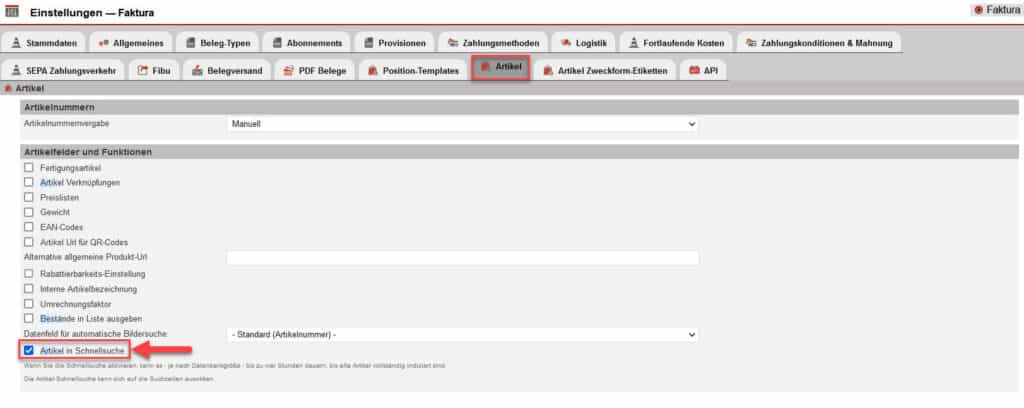Screenshot geöffneter Einstellungsbereich zur Aktivierung der Suche von Artikeln über die Schnellsuchleiste