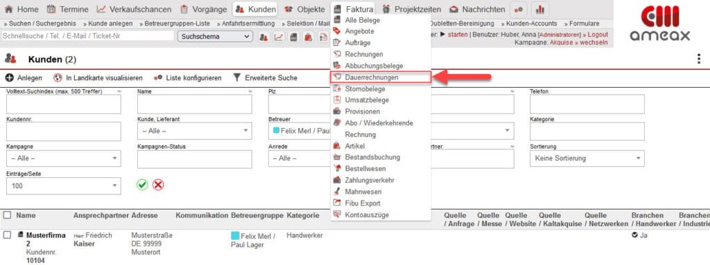 Screenshot Hauptmenü mit markiertem Unterpunkt „Dauerrechnungen“