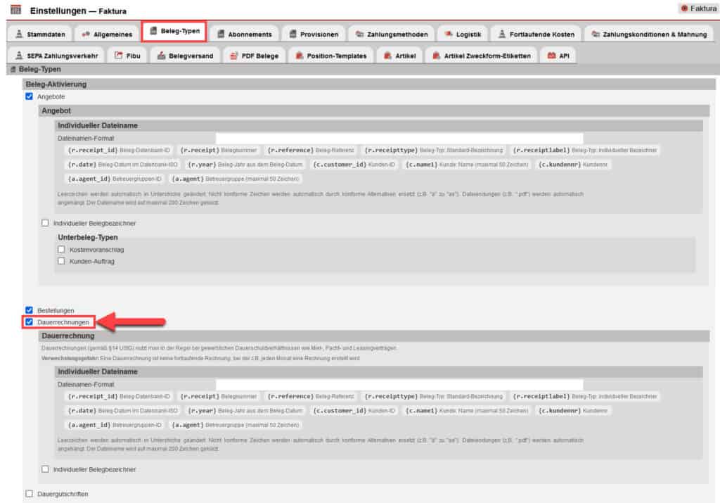 Screenshot geöffneter Reiter „Beleg-Typen“ in den Einstellungen des Bereichs Faktura mit markiertem Beleg-Typ „Dauerrechnungen“
