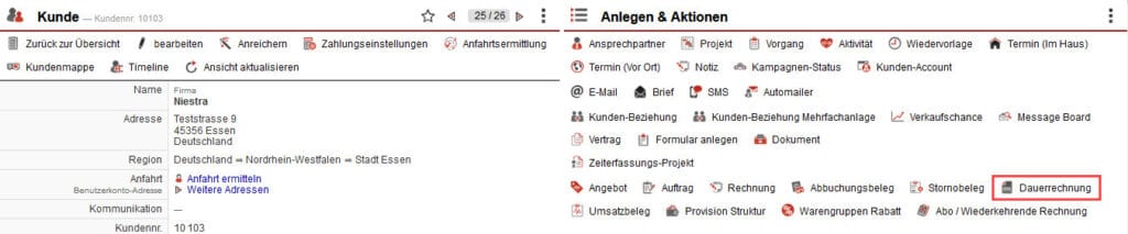 Screenshot geöffneter Kundendatensatz mit markiertem Button „Dauerrechnung“ im Bereich „Anlegen & Aktionen“