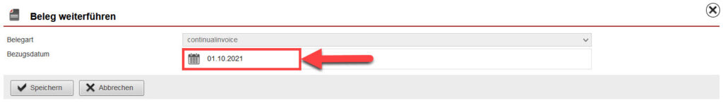 Screenshot geöffneter Bereich zur Anlage einer Dauerrechnung innerhalb eines Abonnements mit markiertem Bezugsdatum