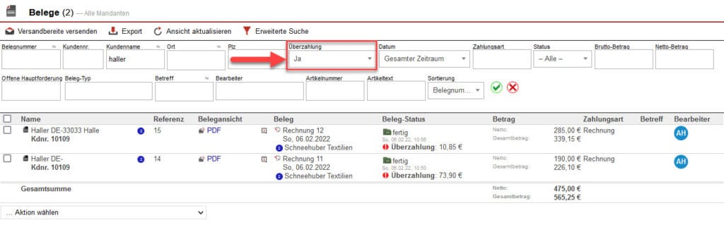 Screenshot geöffnete Belegübersicht mit markierter Filteroption bzgl. der Überzahlung