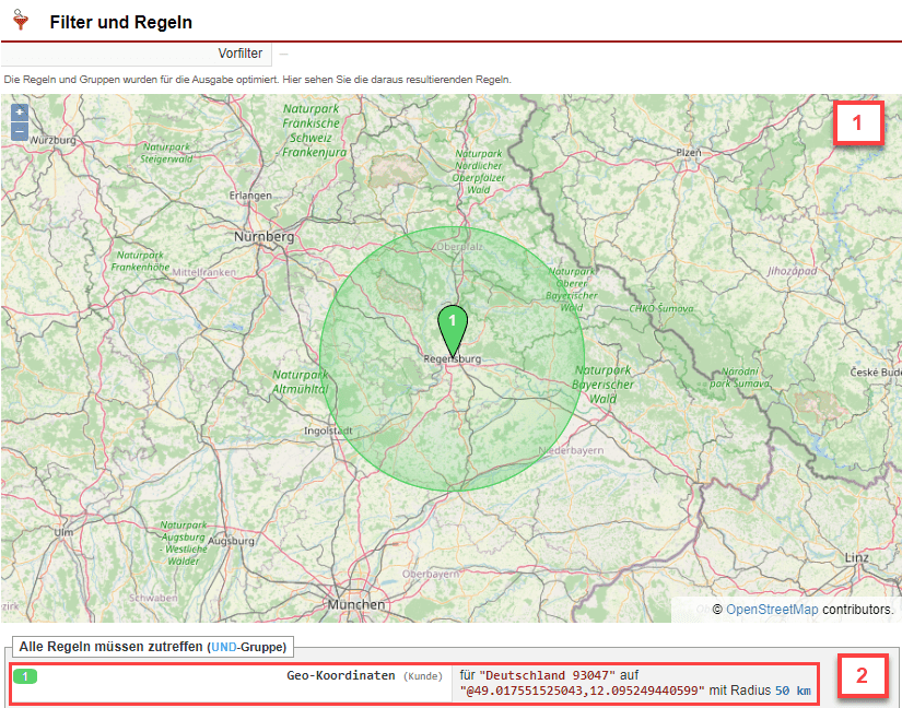 Screenshot der Übersichtsmaske einer Such-Variante mit hervorgehobener Landkarte und Filter/Regeln