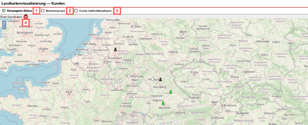 Screenshot Landkartenansicht mit markierten Standorten von Kunden