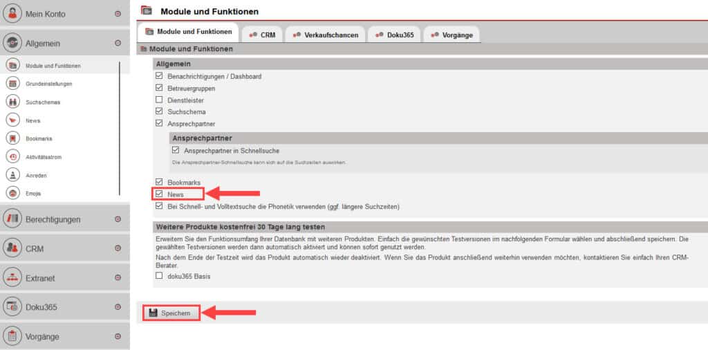 Screenshot geöffneter Einstellungsbereich „Module und Funktionen“ mit markierter Option zur Aktivierung des News-Moduls