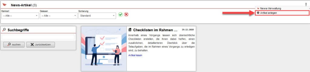 Screenshot geöffneter News-Bereich mit markierter Option „Artikel anlegen“