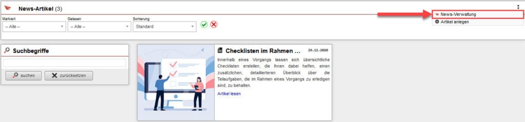 Screenshot geöffneter News-Bereich mit markierter „News-Verwaltung“