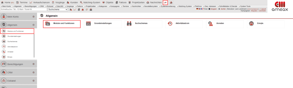 Screenshot Einstellungsbereich „Module und Funktionen“ mit dem markierten Unterpunkt „Module und Funktionen“