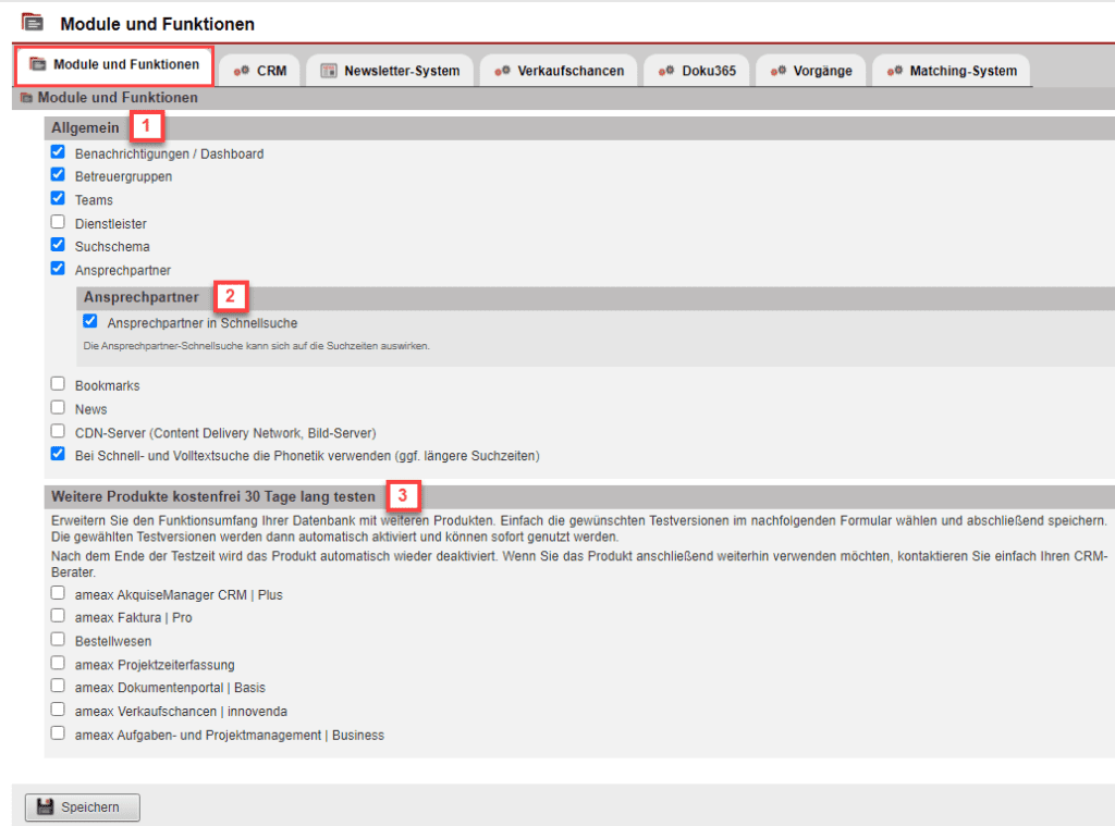 Screenshot Reiter „Module und Funktionen“ mit Markierungen