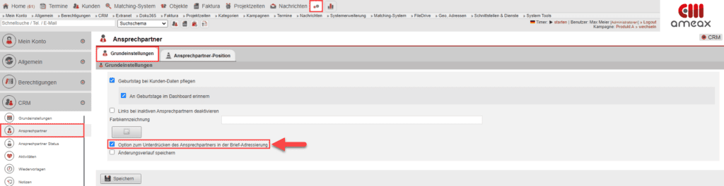 Screenshot aus dem Einstellungsbereich „CRM“, „Ansprechpartner“ mit verschiedenen Markierungen