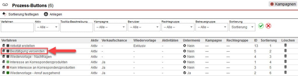 Screenshot geöffnete Prozess-Button-Übersicht mit markierter Bezeichnung eines Prozess-Buttons