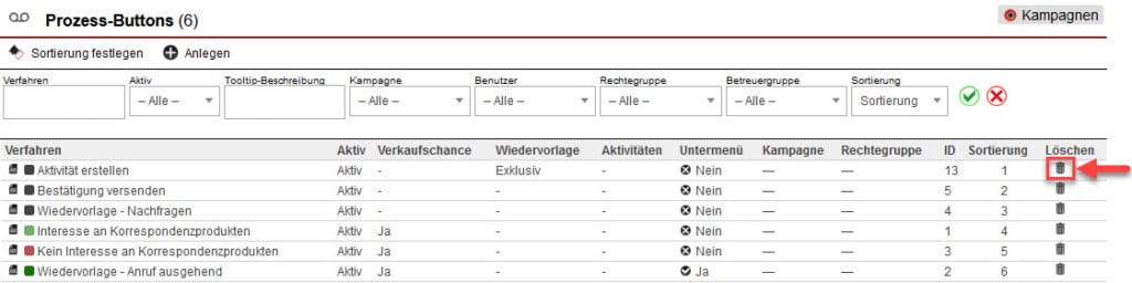 Screenshot geöffnete Prozess-Button-Übersicht mit markiertem Papierkorb-Icon