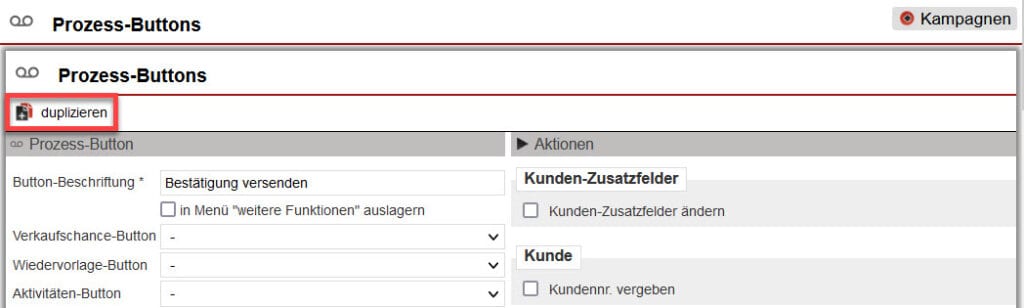 Screenshot geöffneter Bearbeitungsbereich eines Prozess-Buttons mit markiertem Button zur Duplikation des Prozess-Buttons