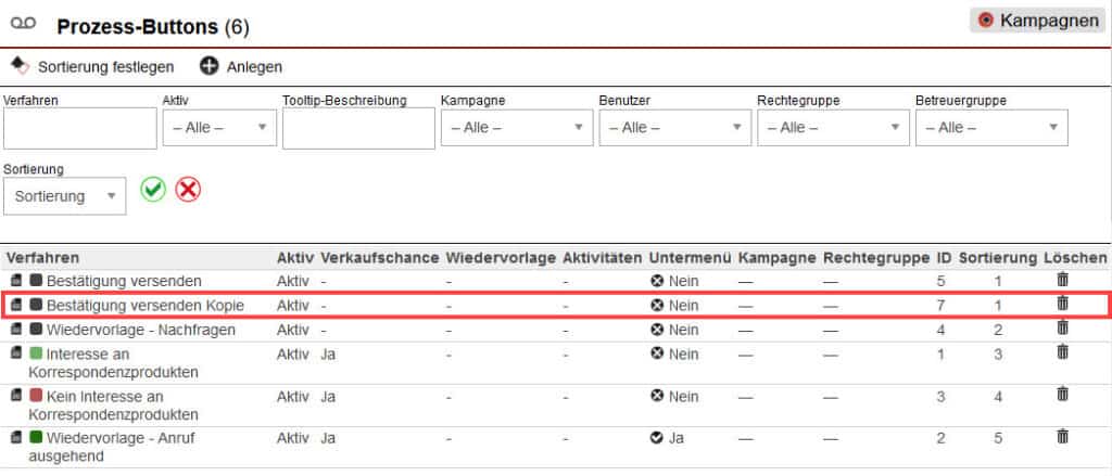 Screenshot geöffnete Prozess-Button-Übersicht mit markiertem durch Duplikation erstellten Prozess-Button