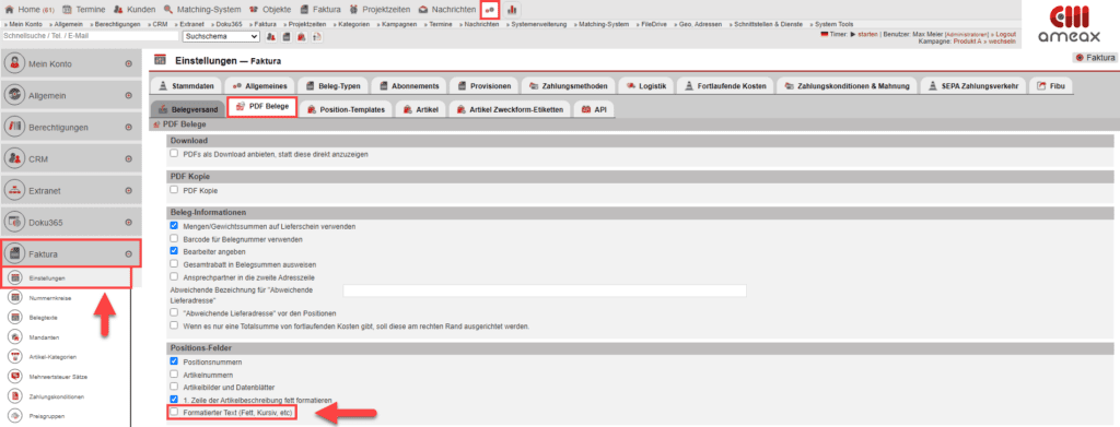 Screenshot aus dem Einstellungsbereich der Faktura im Reiter „PDF-Belege“ mit verschiedenen Markierungen