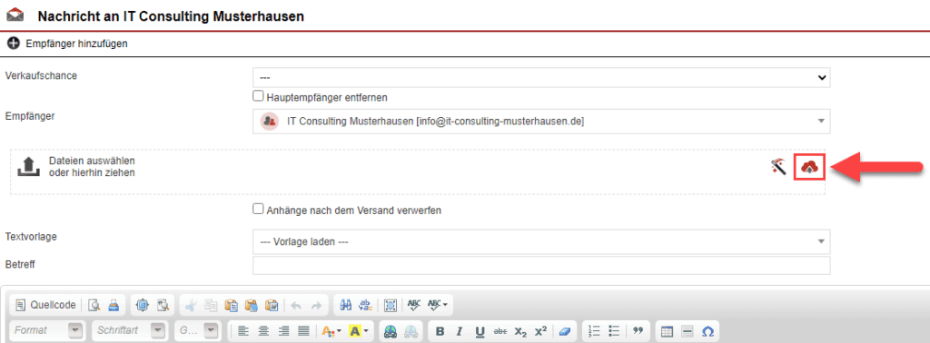 Screenshot beim Versand einer Nachricht an einen Kunden mit markiertem FileDrive Icon