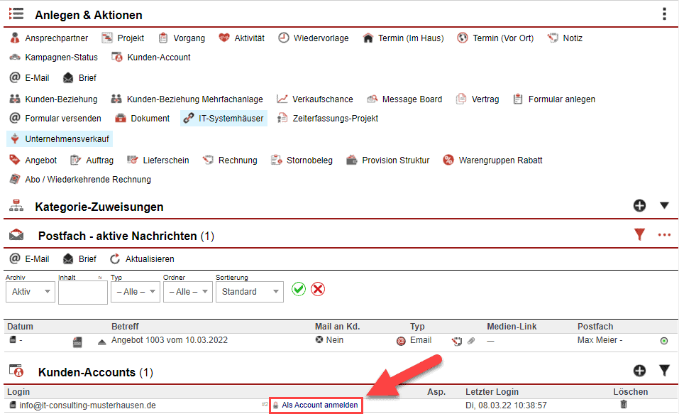 Screenshot eines Kundendatensatzes mit Markierung des „Als Account anmelden“-Buttons