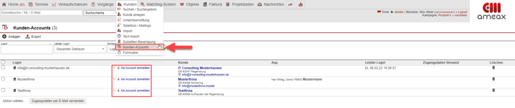 Screenshot des Untermenüpunkts „Kunden-Accounts“ aus dem Hauptmenüpunkts „Kunde“ mit markierter Spalte „Als Account anmelden“
