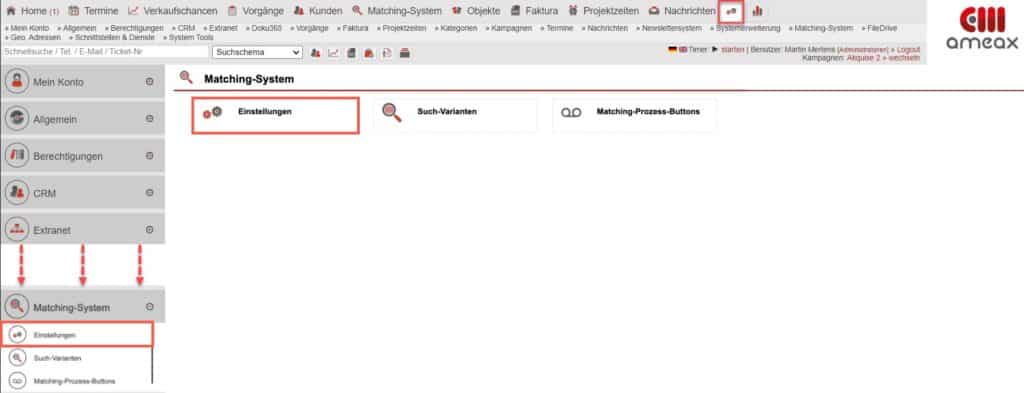 Screenshot des Untermenüpunkts „Einstellungen“ im Einstellungsbereichs „Matching-System“