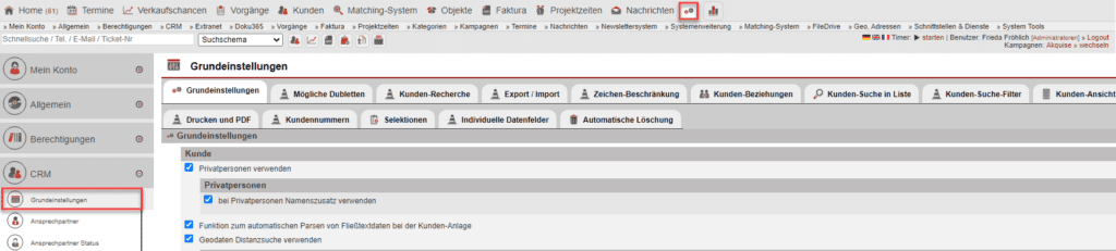 Screenshot geöffneter Hauptmenüpunkt „Einstellungen“ mit markiertem Bereich „CRM“