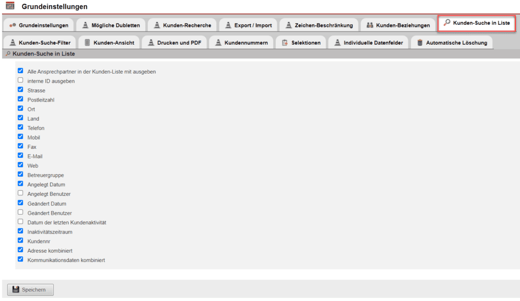 Screenshot geöffneter Bereich von dem Reiter „Kunden-Suche in Liste“