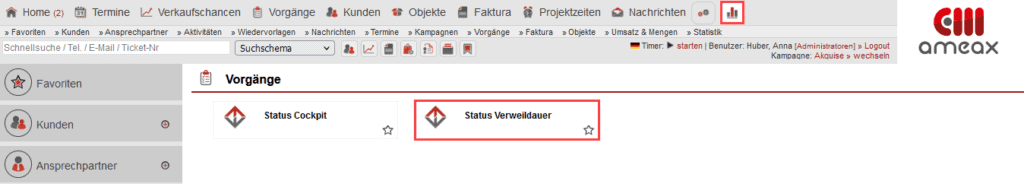 Screenshot geöffneter Hauptmenüpunkt „Statistik“ unter „Vorgänge“ mit markiertem Bereich „Status Verweildauer“