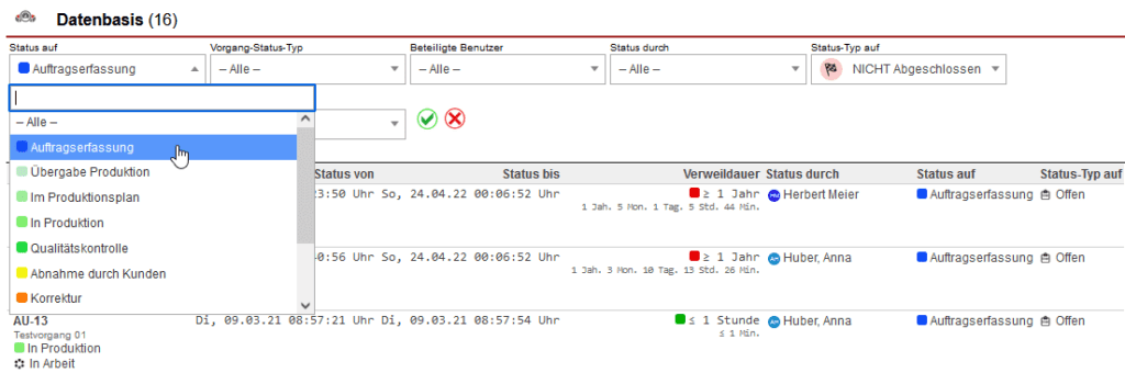 Screenshot des Bereichs „Datenbasis“ im geöffneten Statistikbereich „Status Verweildauer“