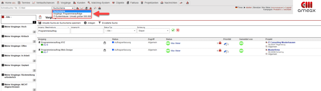 Screenshot aus „Vorgänge“ mit gekennzeichnetem Drop-Down-Menü zur Ausführung des Suchschemas