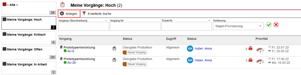 Screenshot geöffneter Bereich „Vorgänge“ mit markiertem Button „Anlegen“