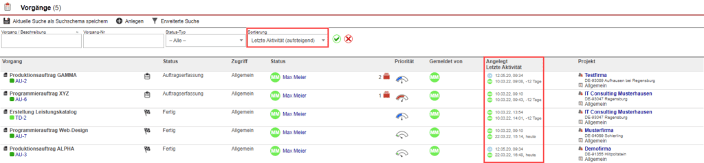 Screenshot der Übersicht aller Vorgänge mit markiertem Drop-Down-Menü zur Sortierung der Einträge nach der letzten Aktivität
