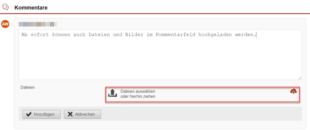 Screenshot Kommentarfeld mit markiertem Upload-Bereich